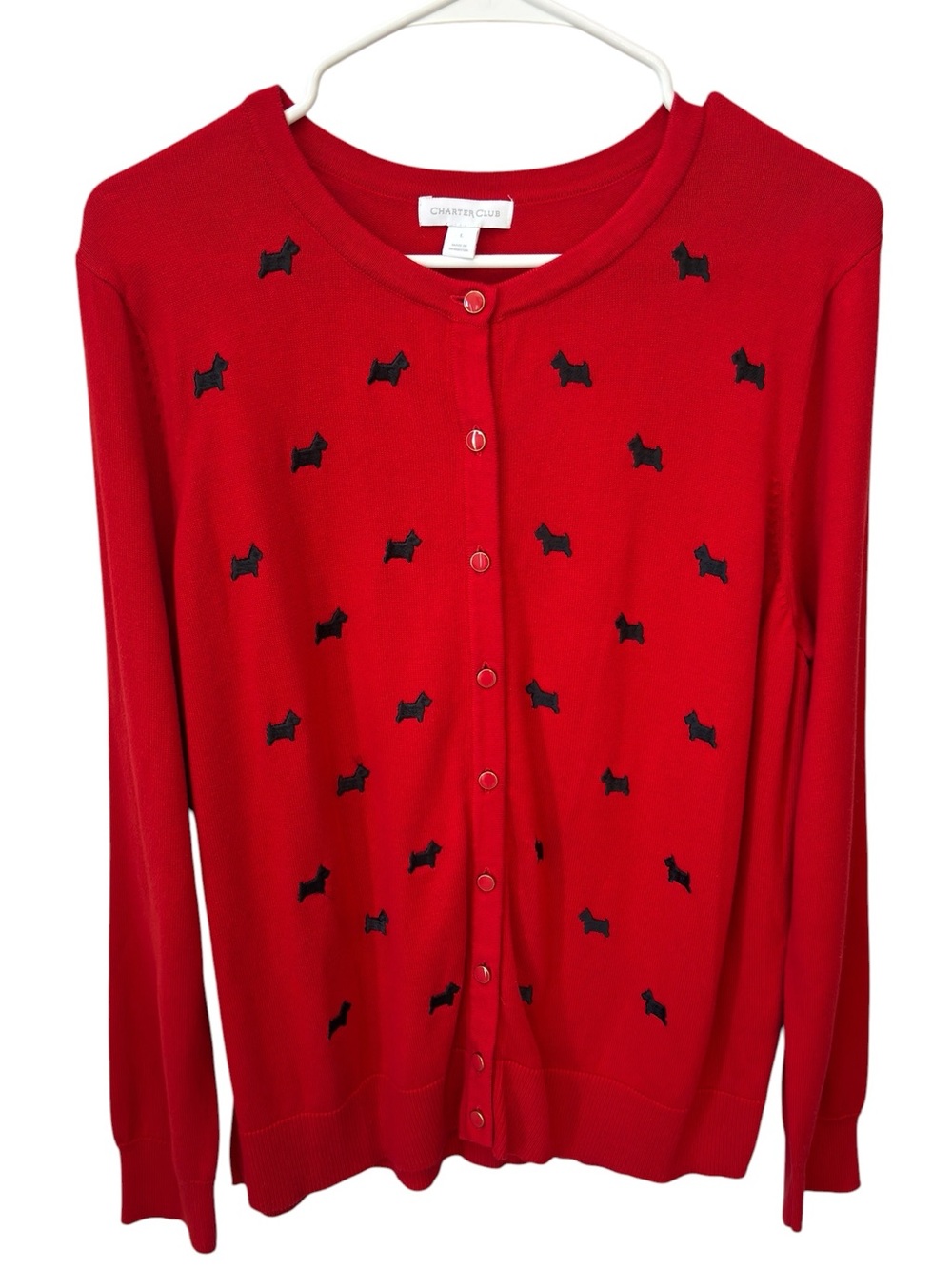 Charter Club Novelty Print Scotty Dog Button Cardigan Women’s Large Red Preppy